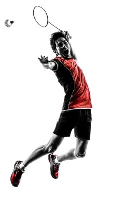 The player jumps high to smash in badminton which is a great benefit of playing badminton as it improves flexibility and balance.