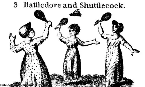 Battledore and shuttlecock, a game played with the help of a racket for hitting a shuttlecock
