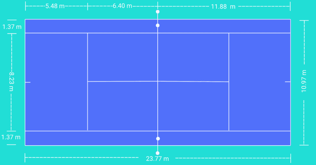 Dimensions of a standard tennis court in meters used for both singles and doubles